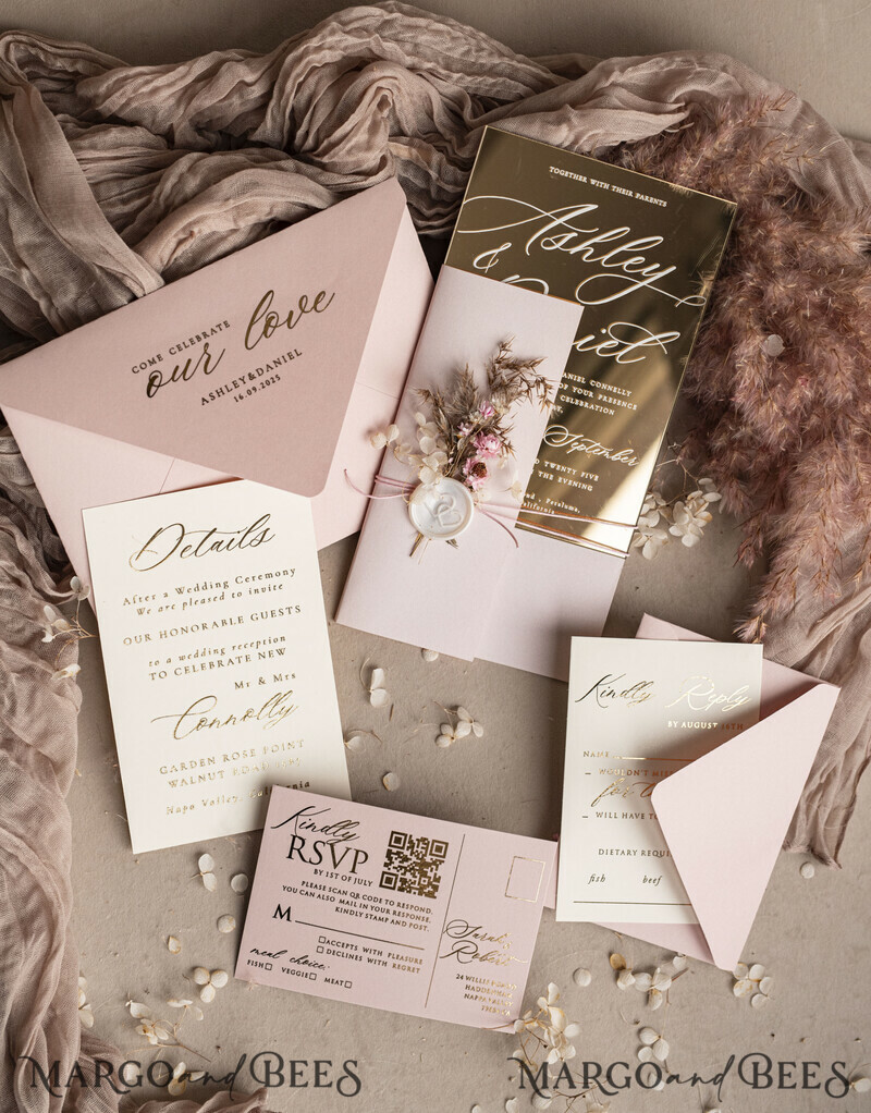Luxury Mirror gold Wedding Invitations, Elegant Blush Pink Wedding Cards, Glamour Acrylic Wedding Invites, Clear Plexi Wedding Invitation Suite-17