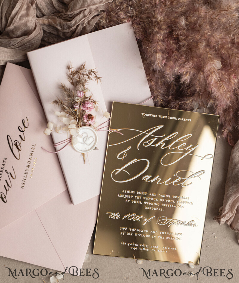 Luxury Mirror gold Wedding Invitations, Elegant Blush Pink Wedding Cards, Glamour Acrylic Wedding Invites, Clear Plexi Wedding Invitation Suite-3