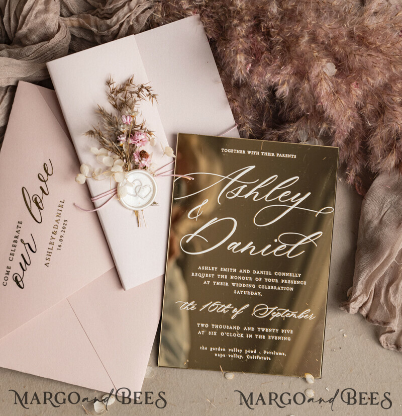 Luxury Mirror gold Wedding Invitations, Elegant Blush Pink Wedding Cards, Glamour Acrylic Wedding Invites, Clear Plexi Wedding Invitation Suite-5