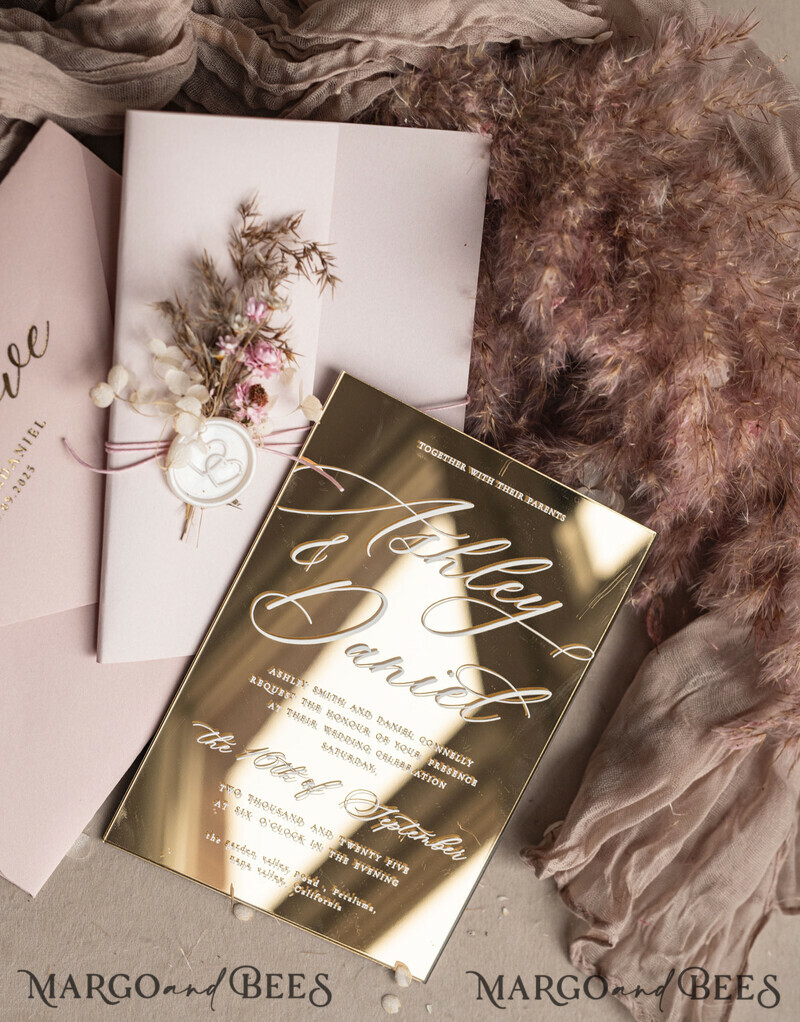 Luxury Mirror gold Wedding Invitations, Elegant Blush Pink Wedding Cards, Glamour Acrylic Wedding Invites, Clear Plexi Wedding Invitation Suite-6