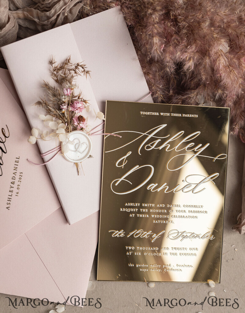 Luxury Mirror gold Wedding Invitations, Elegant Blush Pink Wedding Cards, Glamour Acrylic Wedding Invites, Clear Plexi Wedding Invitation Suite-7