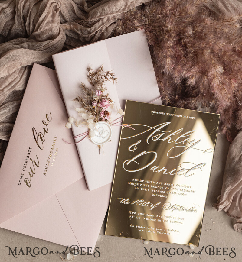 Luxury Mirror gold Wedding Invitations, Elegant Blush Pink Wedding Cards, Glamour Acrylic Wedding Invites, Clear Plexi Wedding Invitation Suite-9