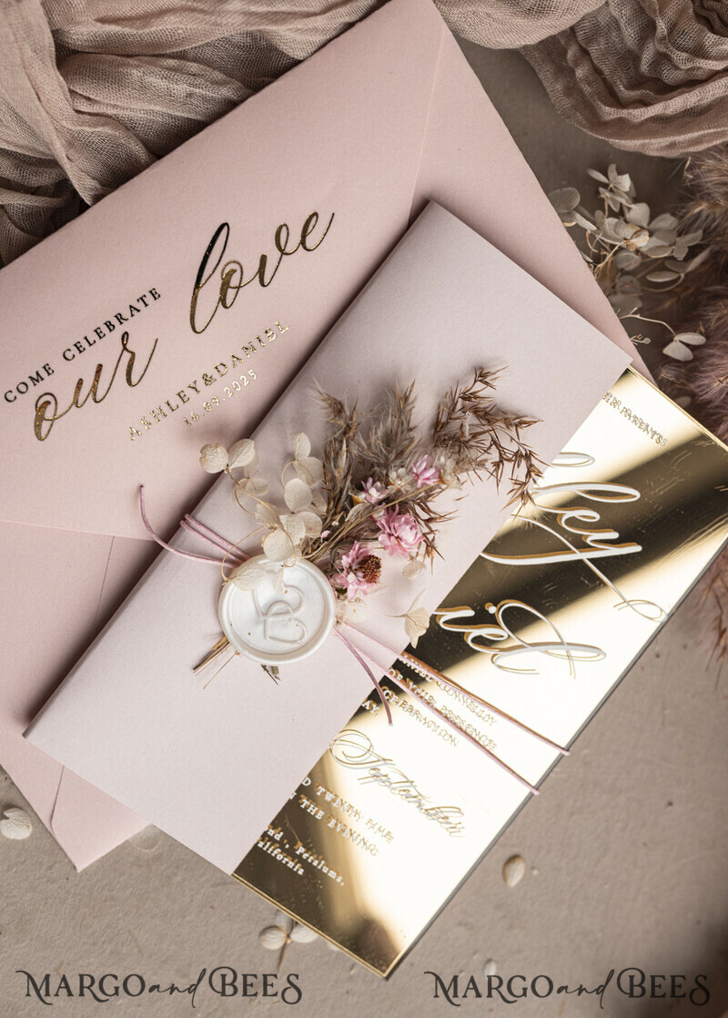 Luxury Mirror gold Wedding Invitations, Elegant Blush Pink Wedding Cards, Glamour Acrylic Wedding Invites, Clear Plexi Wedding Invitation Suite-4