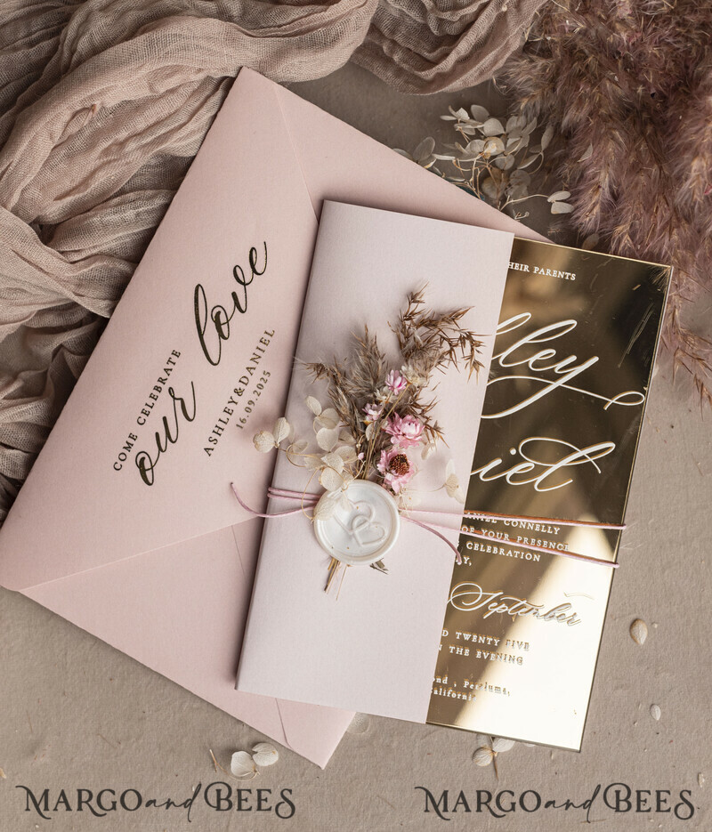 Luxury Mirror gold Wedding Invitations, Elegant Blush Pink Wedding Cards, Glamour Acrylic Wedding Invites, Clear Plexi Wedding Invitation Suite-0