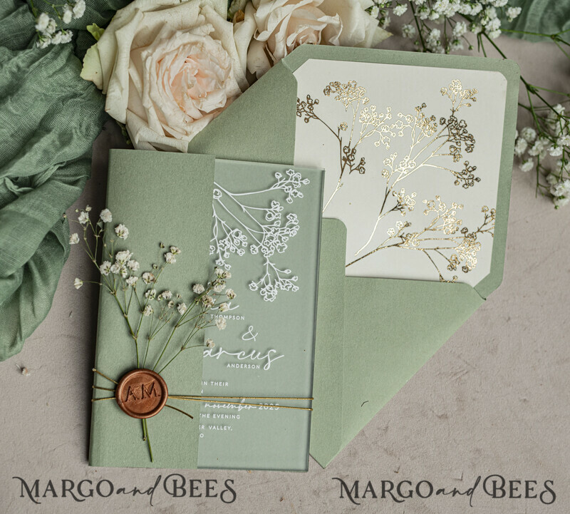 Wedding invitations with sage green. Elegant transparent wedding invitations with gypsophila , Baby Breath-2
