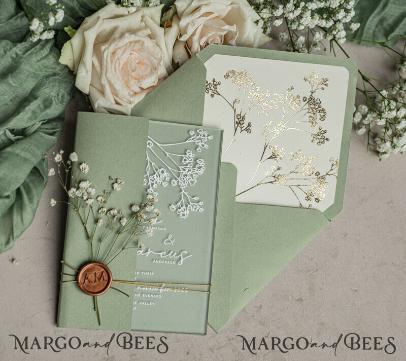 Wedding invitations with sage green. Elegant transparent wedding invitations with gypsophila , Baby Breath-3