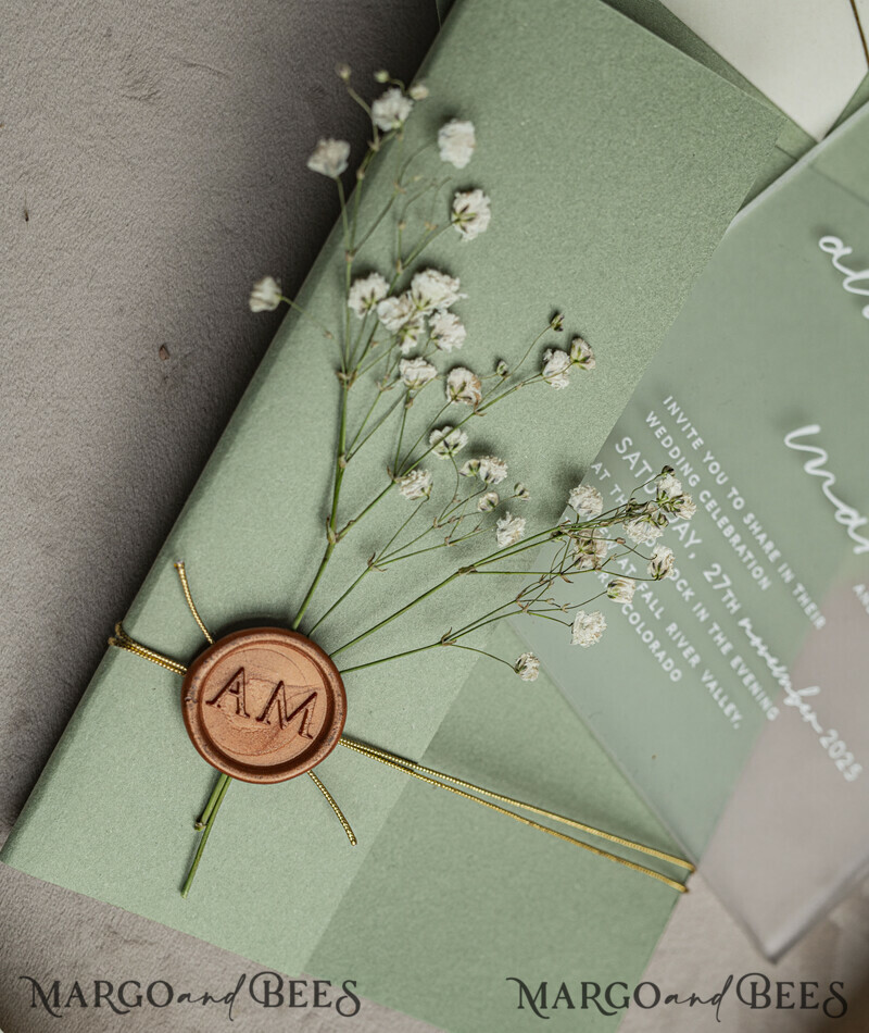 Wedding invitations with sage green. Elegant transparent wedding invitations with gypsophila , Baby Breath-12