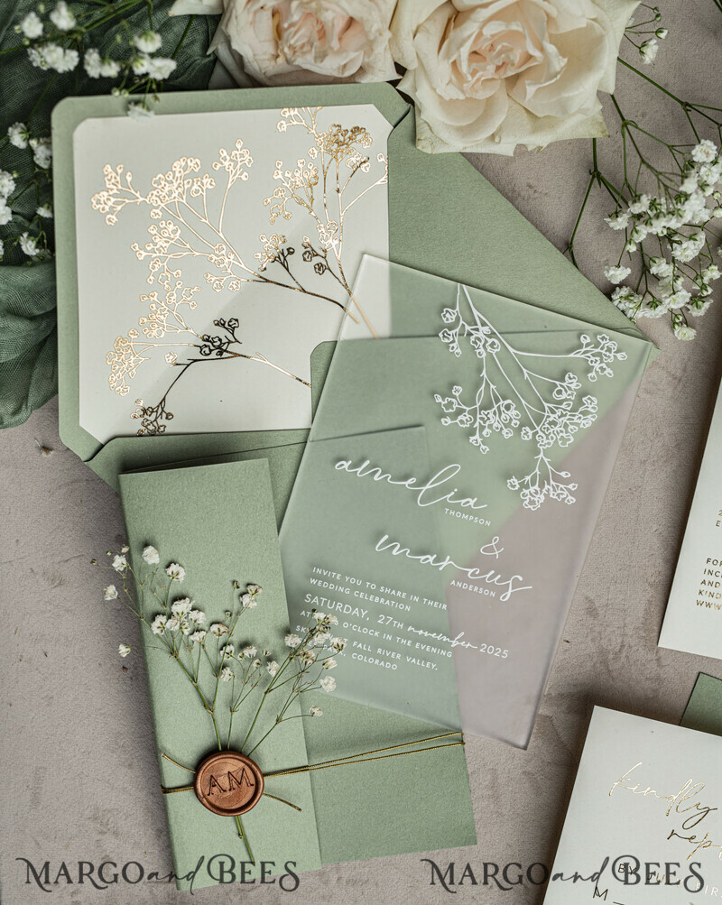 Wedding invitations with sage green. Elegant transparent wedding invitations with gypsophila , Baby Breath-13