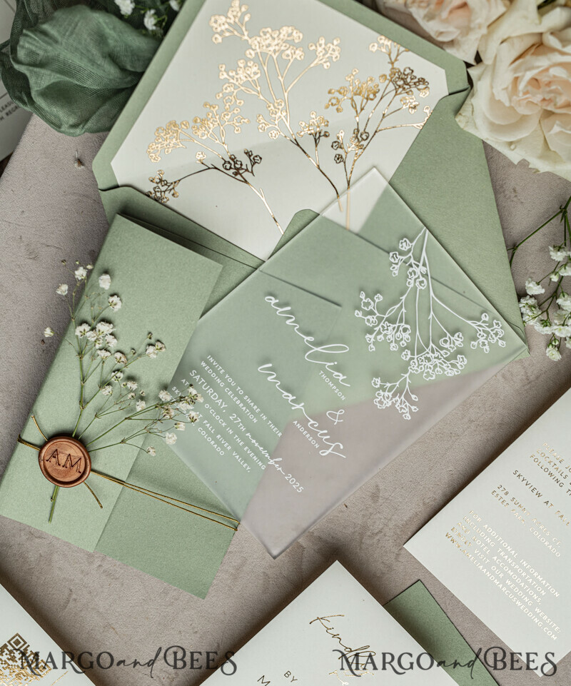 Wedding invitations with sage green. Elegant transparent wedding invitations with gypsophila , Baby Breath-14