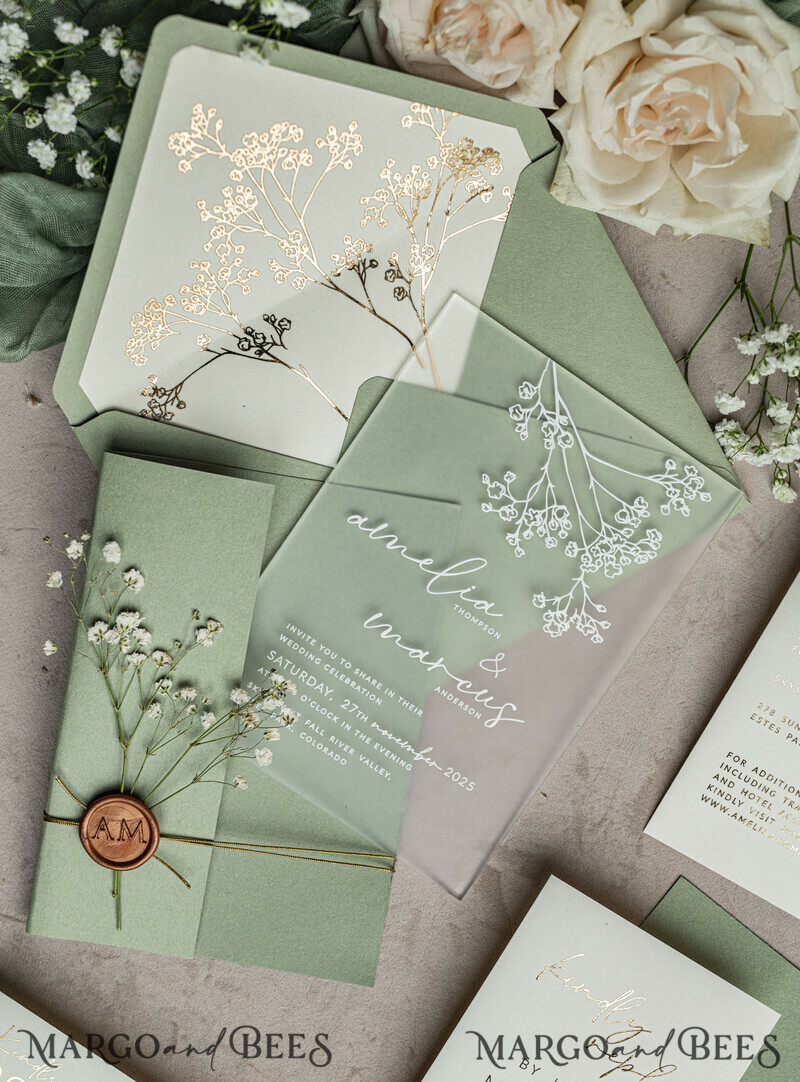 Wedding invitations with sage green. Elegant transparent wedding invitations with gypsophila , Baby Breath-15