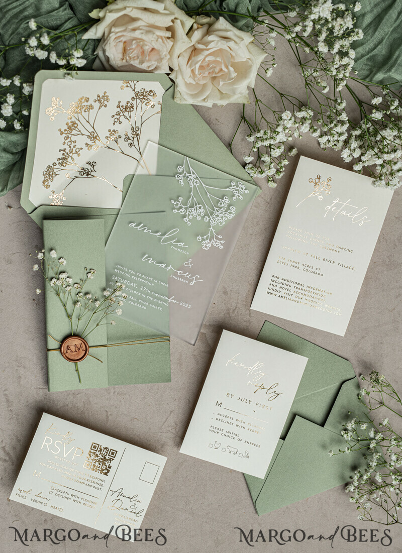 Wedding invitations with sage green. Elegant transparent wedding invitations with gypsophila , Baby Breath-16