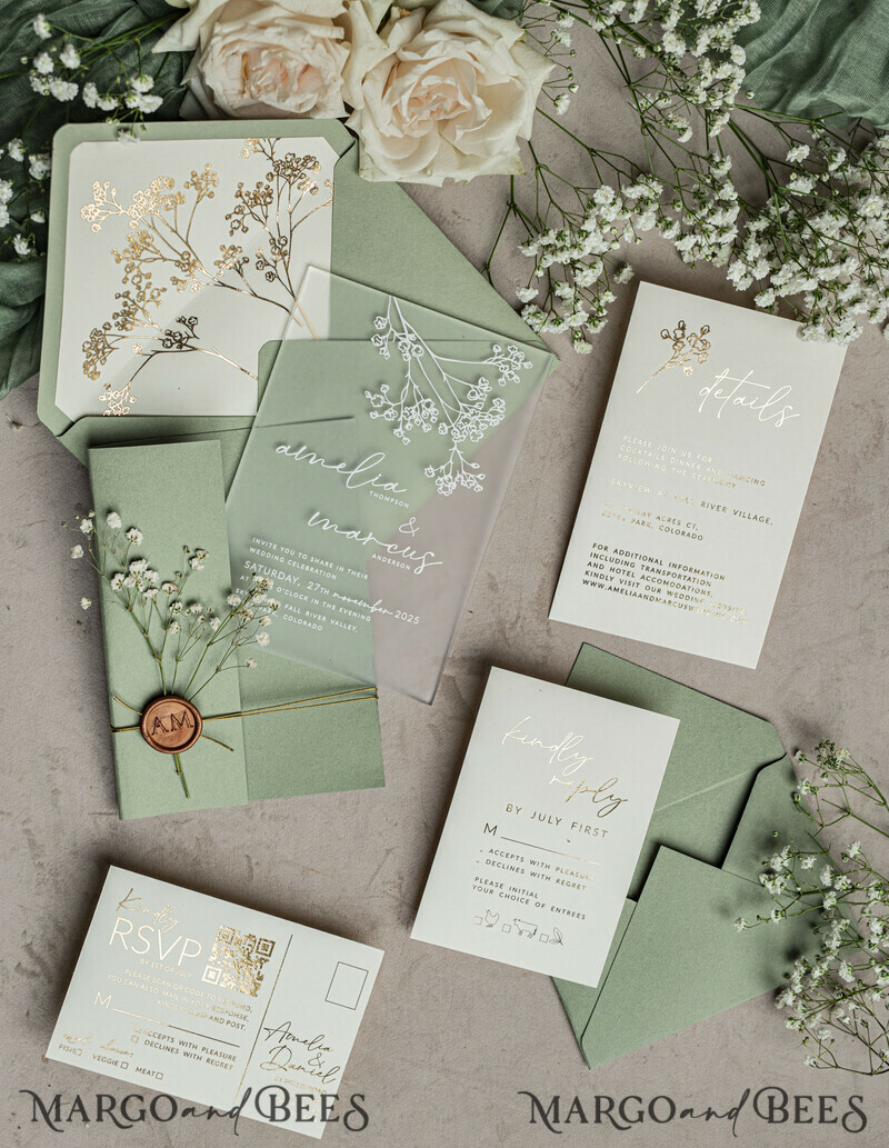 Wedding invitations with sage green. Elegant transparent wedding invitations with gypsophila , Baby Breath-17