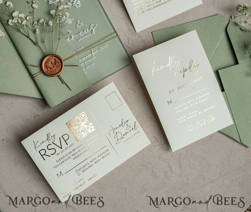 Wedding invitations with sage green. Elegant transparent wedding invitations with gypsophila , Baby Breath-18