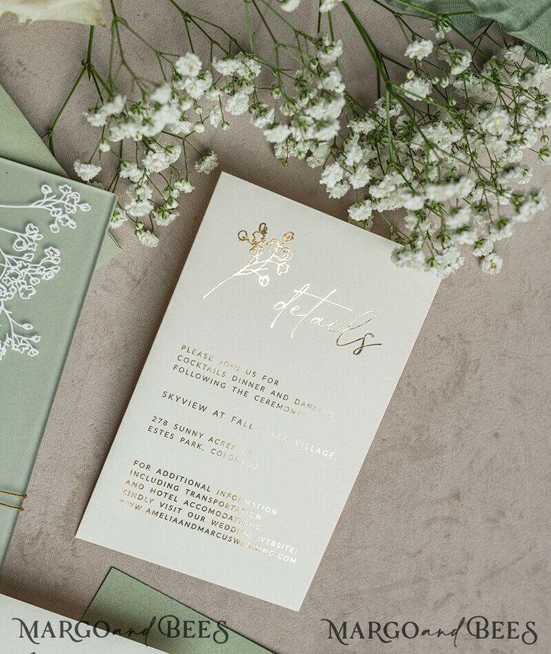 Wedding invitations with sage green. Elegant transparent wedding invitations with gypsophila , Baby Breath-20