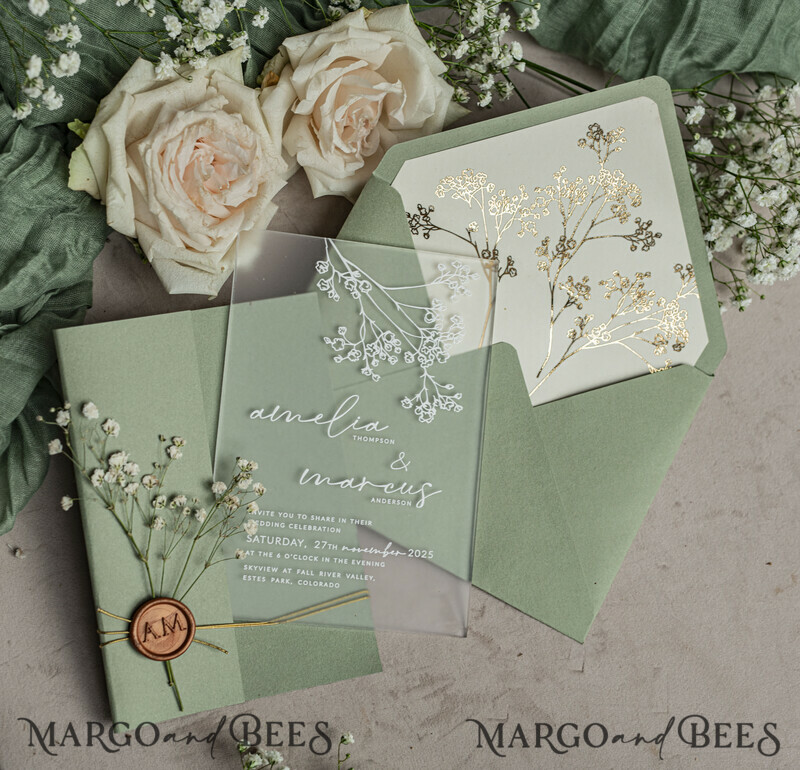Wedding invitations with sage green. Elegant transparent wedding invitations with gypsophila , Baby Breath-4