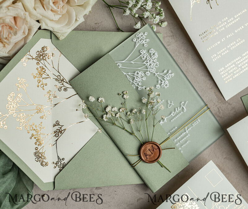 Wedding invitations with sage green. Elegant transparent wedding invitations with gypsophila , Baby Breath-21