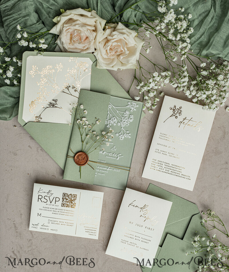 Wedding invitations with sage green. Elegant transparent wedding invitations with gypsophila , Baby Breath-1
