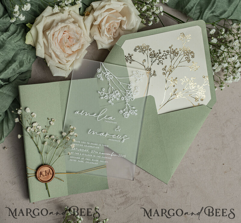 Wedding invitations with sage green. Elegant transparent wedding invitations with gypsophila , Baby Breath-5