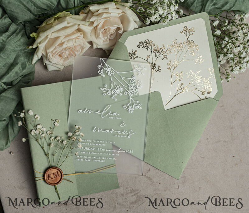 Wedding invitations with sage green. Elegant transparent wedding invitations with gypsophila , Baby Breath-6