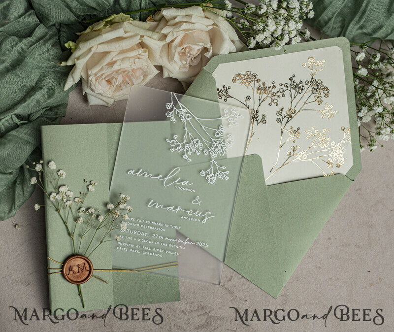 Wedding invitations with sage green. Elegant transparent wedding invitations with gypsophila , Baby Breath-7