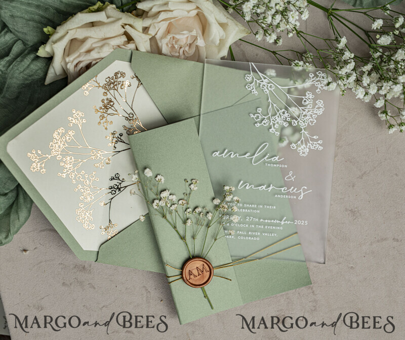 Wedding invitations with sage green. Elegant transparent wedding invitations with gypsophila , Baby Breath-0