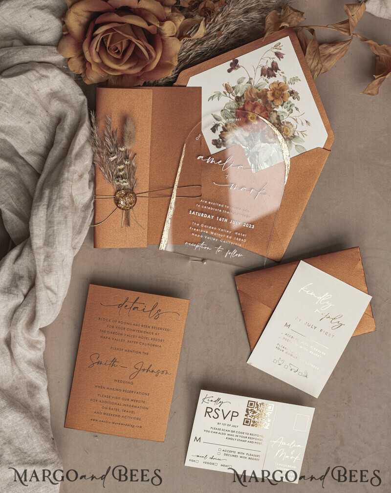 Fall Terracotta Clear Arched Wedding Invitation. The most beautiful wedding invitations for autumn.-10