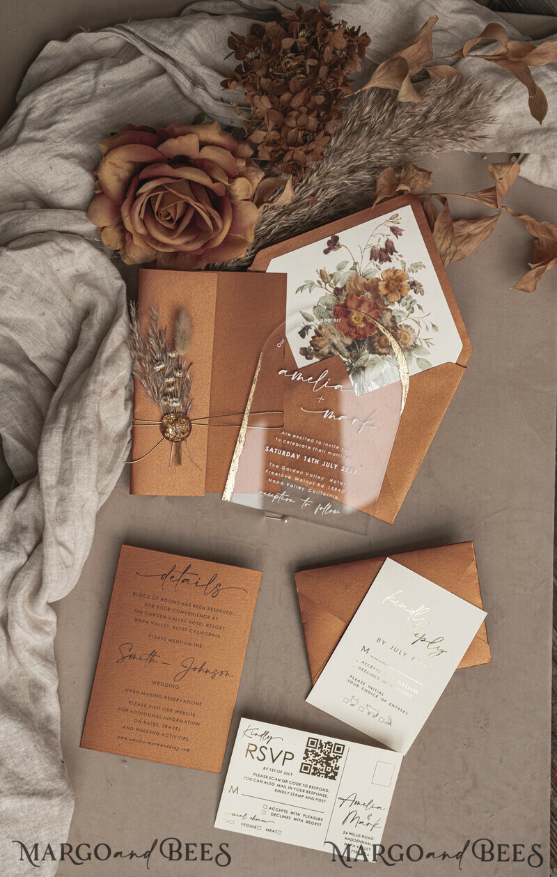 Fall Terracotta Clear Arched Wedding Invitation. The most beautiful wedding invitations for autumn.-11