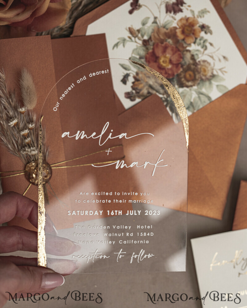 Fall Terracotta Clear Arched Wedding Invitation. The most beautiful wedding invitations for autumn.-3