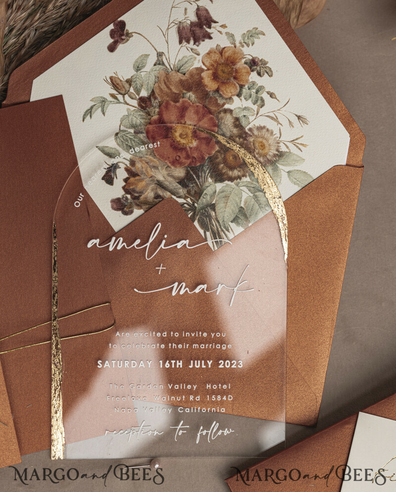 Fall Terracotta Clear Arched Wedding Invitation. The most beautiful wedding invitations for autumn.-7