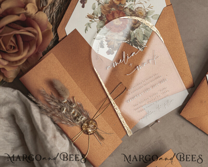 Fall Terracotta Clear Arched Wedding Invitation. The most beautiful wedding invitations for autumn.-8