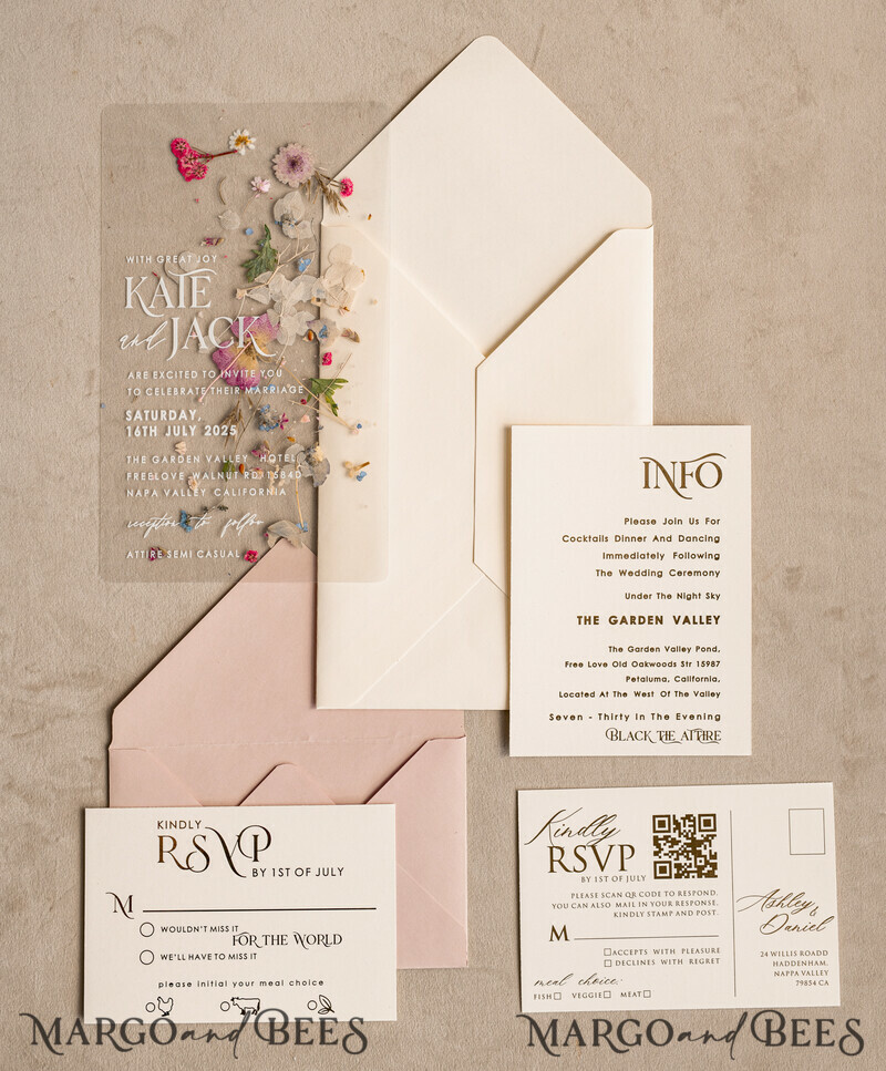 Blush Pink Clear real flowers Wedding Invitations, Elegant Garden pampass gras Wedding Cards, Velvet transparent Wedding Invites, Wedding Invitation Suite-7