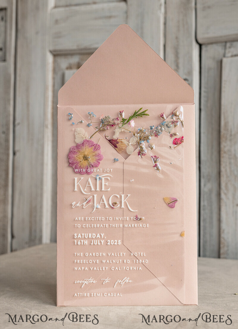 Blush Pink Clear real flowers Wedding Invitations, Elegant Garden pampass gras Wedding Cards, Velvet transparent Wedding Invites, Wedding Invitation Suite-0