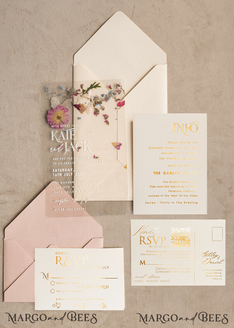 Blush Pink Clear real flowers Wedding Invitations, Elegant Garden pampass gras Wedding Cards, Velvet transparent Wedding Invites, Wedding Invitation Suite-9