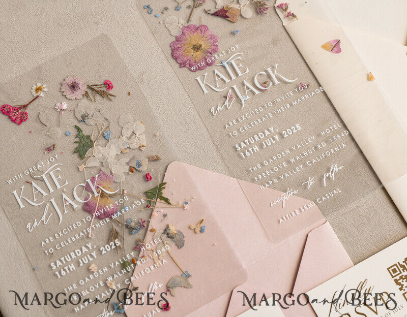 Blush Pink Clear real flowers Wedding Invitations, Elegant Garden pampass gras Wedding Cards, Velvet transparent Wedding Invites, Wedding Invitation Suite-14