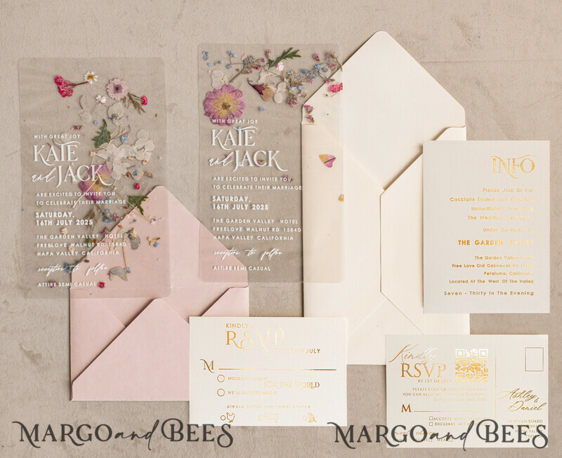 Blush Pink Clear real flowers Wedding Invitations, Elegant Garden pampass gras Wedding Cards, Velvet transparent Wedding Invites, Wedding Invitation Suite-2