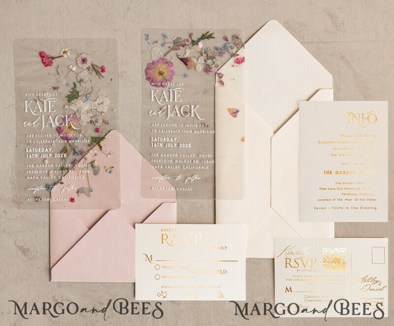 Blush Pink Clear real flowers Wedding Invitations, Elegant Garden pampass gras Wedding Cards, Velvet transparent Wedding Invites, Wedding Invitation Suite-15