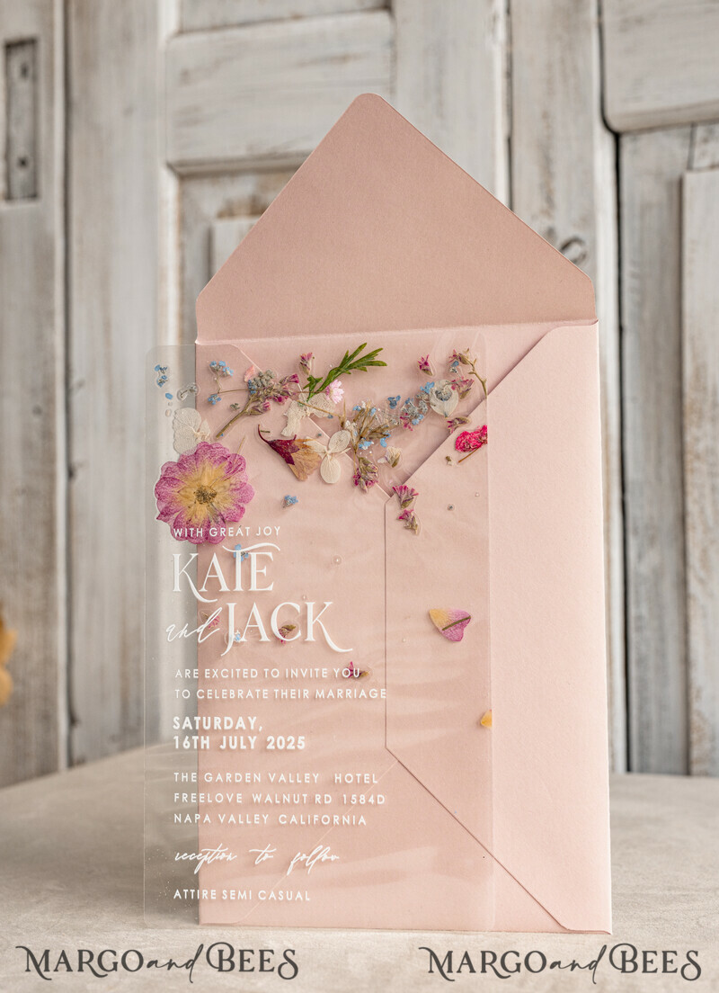 Blush Pink Clear real flowers Wedding Invitations, Elegant Garden pampass gras Wedding Cards, Velvet transparent Wedding Invites, Wedding Invitation Suite-3