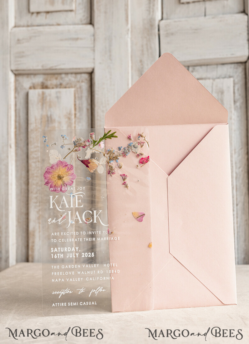 Blush Pink Clear real flowers Wedding Invitations, Elegant Garden pampass gras Wedding Cards, Velvet transparent Wedding Invites, Wedding Invitation Suite-4