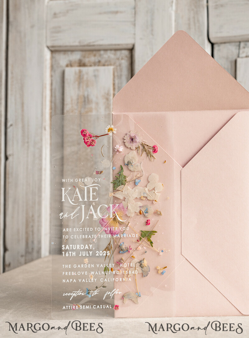 Blush Pink Clear real flowers Wedding Invitations, Elegant Garden pampass gras Wedding Cards, Velvet transparent Wedding Invites, Wedding Invitation Suite-5
