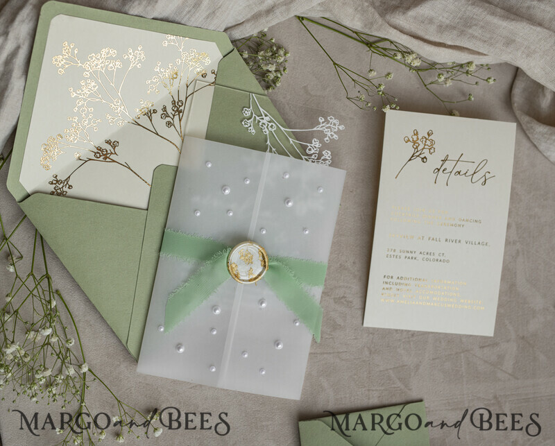 Sage Green Frozen Transparent Baby Breath Wedding Invitations, Elegant Garden Gypsophila Wedding Cards-1
