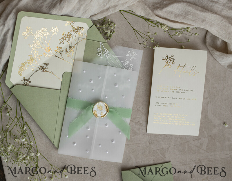 Sage Green Frozen Transparent Baby Breath Wedding Invitations, Elegant Garden Gypsophila Wedding Cards-2