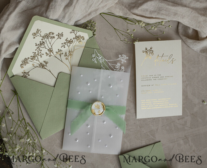 Sage Green Frozen Transparent Baby Breath Wedding Invitations, Elegant Garden Gypsophila Wedding Cards-3