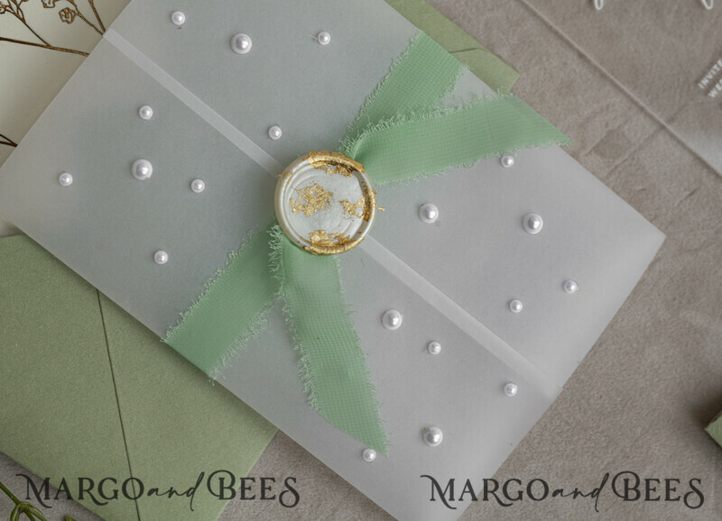 Sage Green Frozen Transparent Baby Breath Wedding Invitations, Elegant Garden Gypsophila Wedding Cards-5