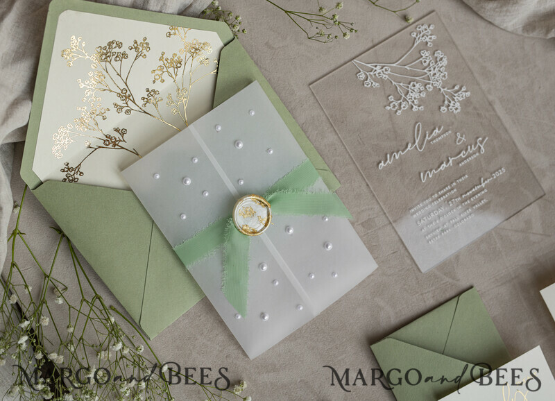 Sage Green Frozen Transparent Baby Breath Wedding Invitations, Elegant Garden Gypsophila Wedding Cards-6
