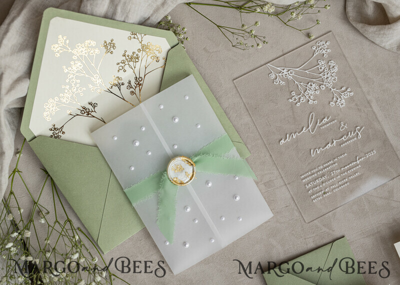Sage Green Frozen Transparent Baby Breath Wedding Invitations, Elegant Garden Gypsophila Wedding Cards-7