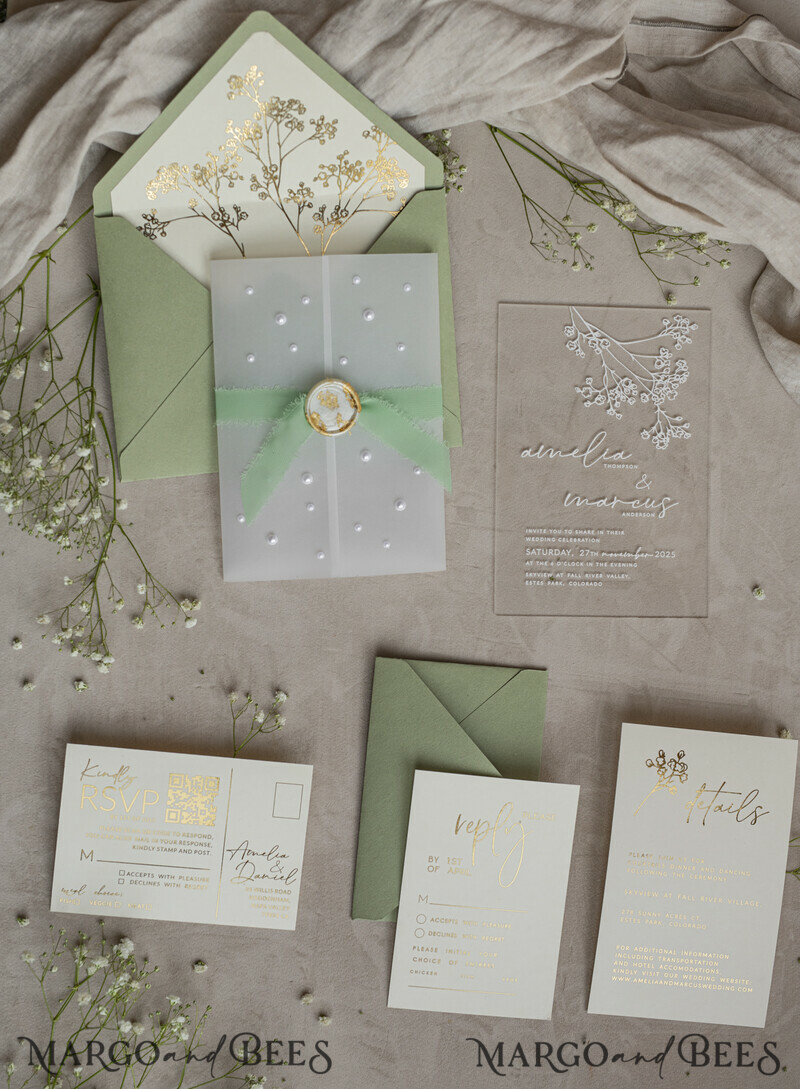 Sage Green Frozen Transparent Baby Breath Wedding Invitations, Elegant Garden Gypsophila Wedding Cards-8