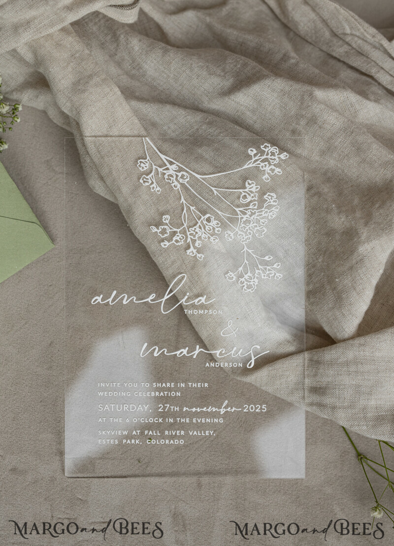 Sage Green Frozen Transparent Baby Breath Wedding Invitations, Elegant Garden Gypsophila Wedding Cards-10