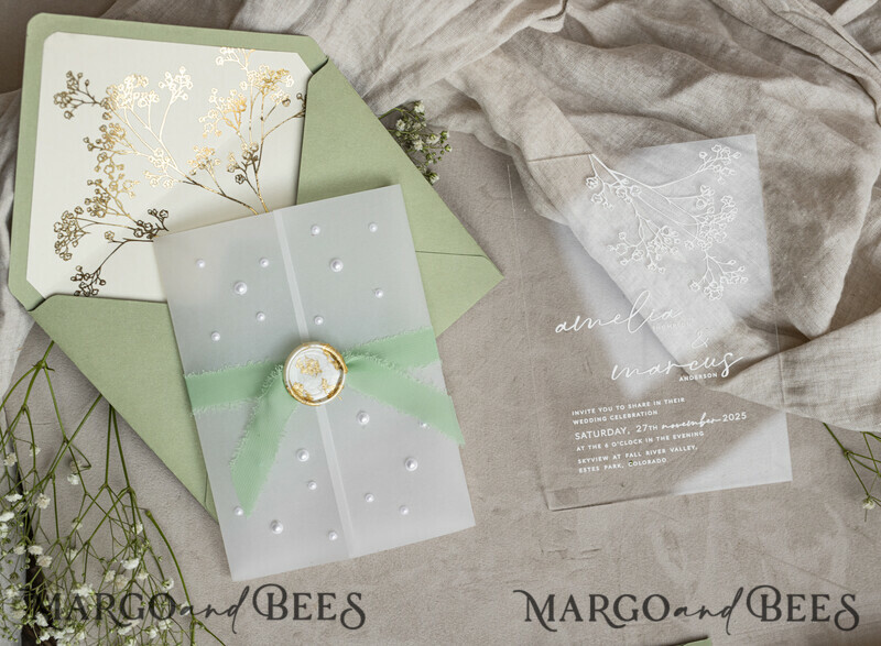 Sage Green Frozen Transparent Baby Breath Wedding Invitations, Elegant Garden Gypsophila Wedding Cards-11