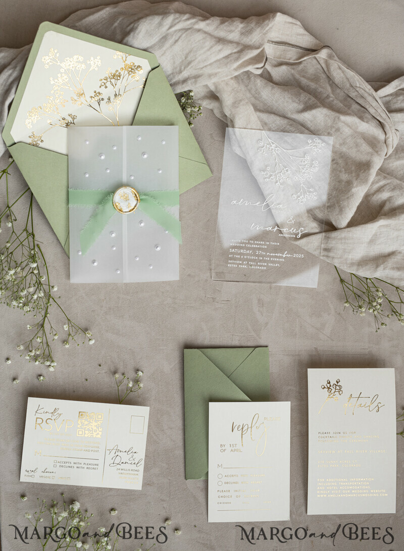 Sage Green Frozen Transparent Baby Breath Wedding Invitations, Elegant Garden Gypsophila Wedding Cards-12