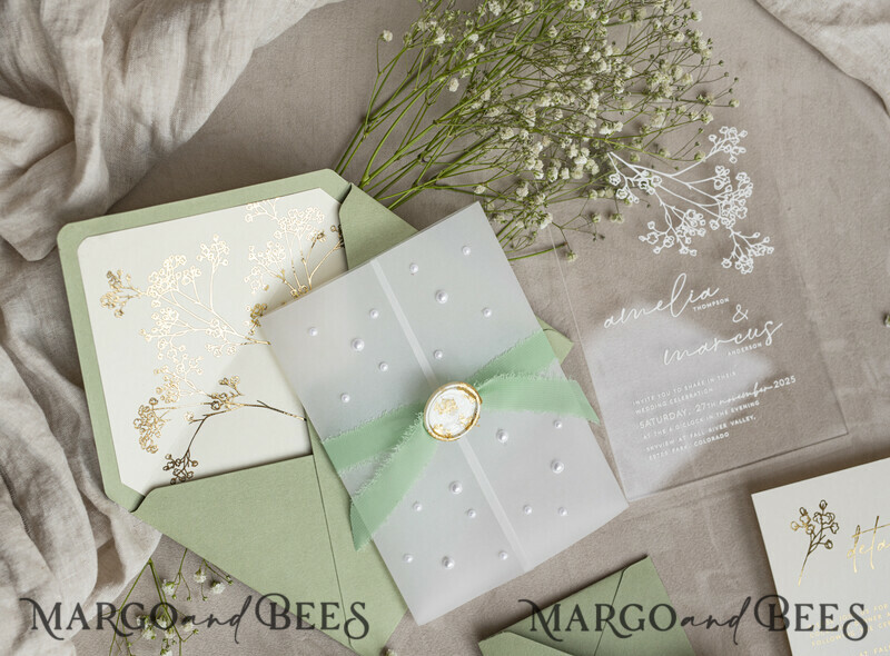 Sage Green Frozen Transparent Baby Breath Wedding Invitations, Elegant Garden Gypsophila Wedding Cards-13